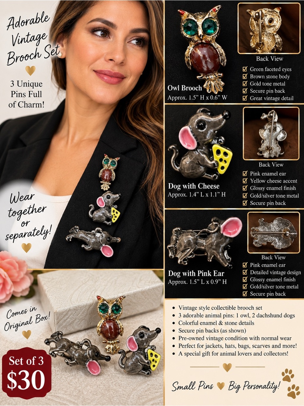 Vintage Animal Brooch Set – 3 Pieces